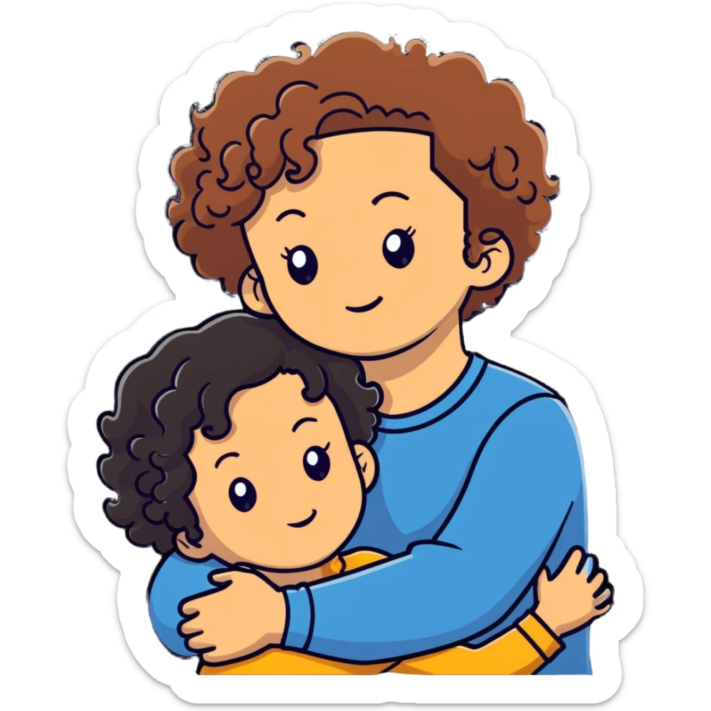 girl with long light brown hair and pale skin hugging a boy with short black curly hair and tanned skin sticker