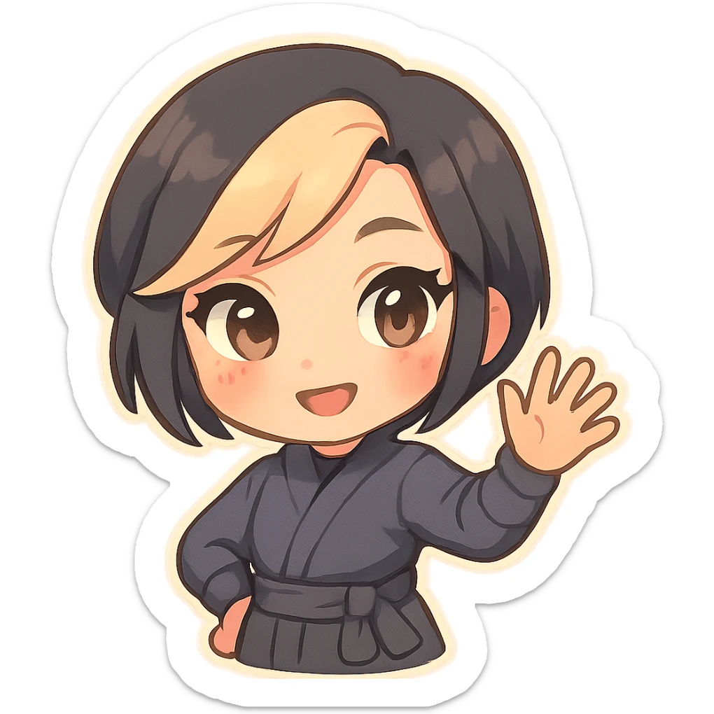 Chibi ninja girl with black short hair and a blonde streak, big head, small body and arms, not overly round or infant-like, cute and playful, anime-style face with large expressive eyes, small nose and mouth, subtle blush, hand fully raised, waving to the right, smiling, pastel colors, soft shading, clean outlines, no mask, transparent background, face looks sexy with slightly parted lips, confident gaze, longer lashes, subtle contouring. sticker