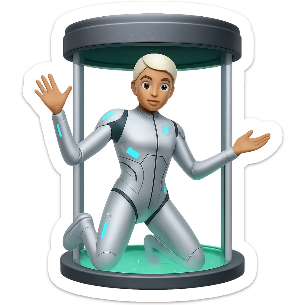 Add a teleportation machine to the person teleporting emoji in the style of emoji with transparent background. sticker