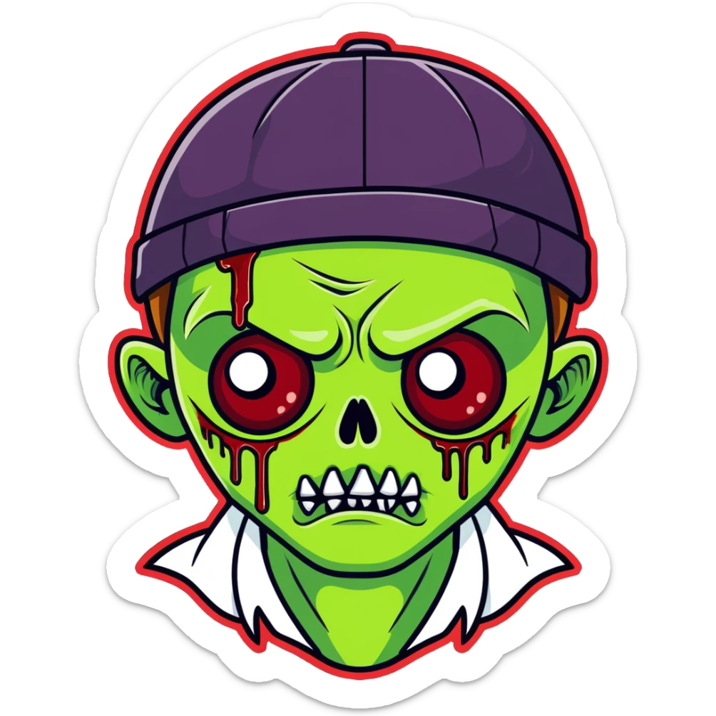 green zombie with blood on lower eyelid, wearing LA hat, white shirt, blood on mouth sticker