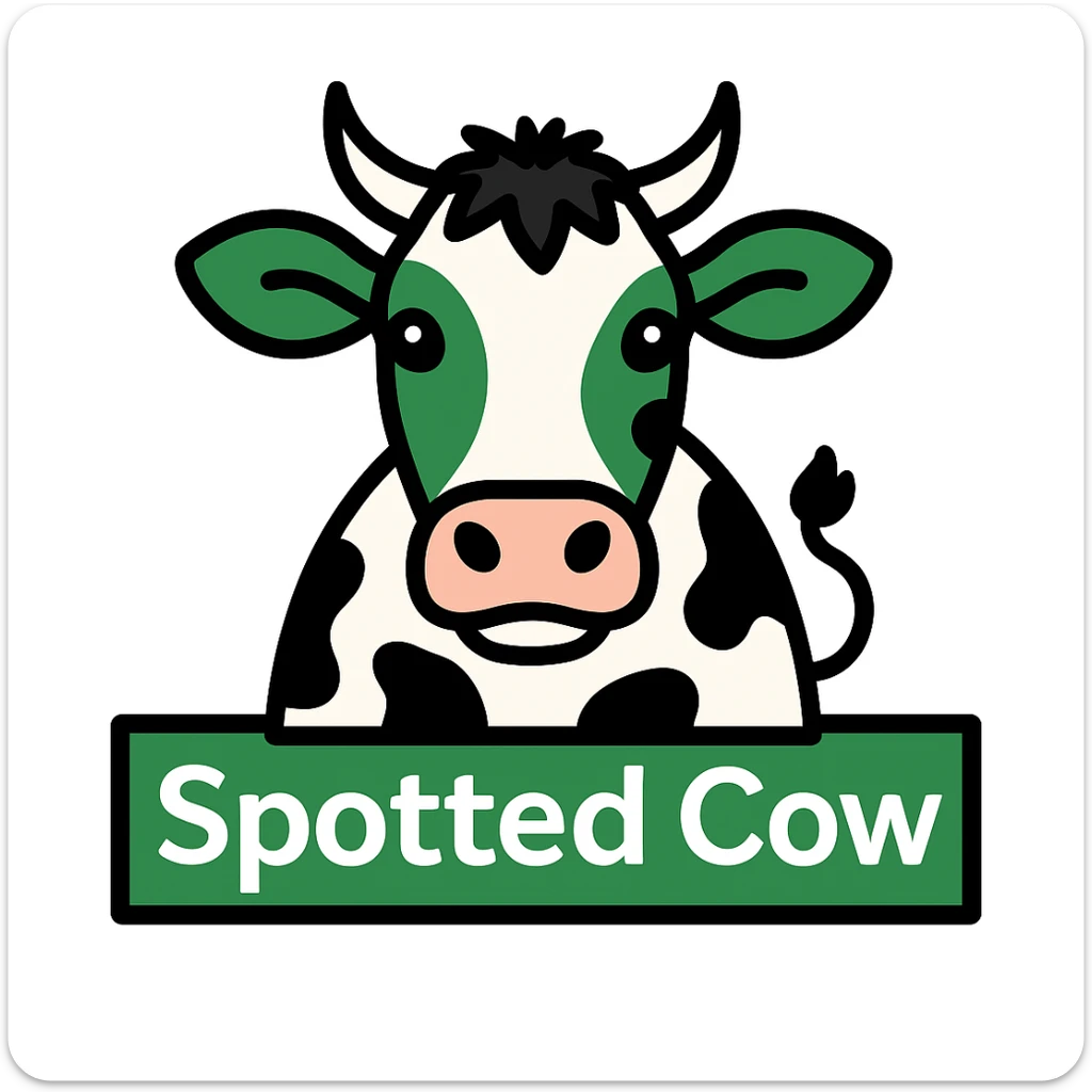 Change the cow on the New Glarus Spotted Cow beer label to black and white, keep the green and white color scheme and 'Spotted Cow' text, no background. sticker