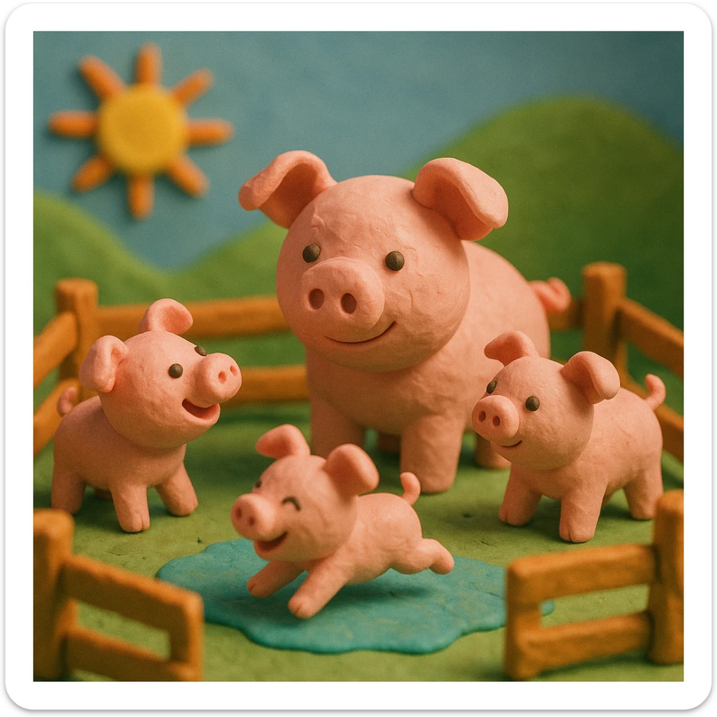 claymation style pig family in a wooden pen, piglets playing, colorful and cheerful sticker
