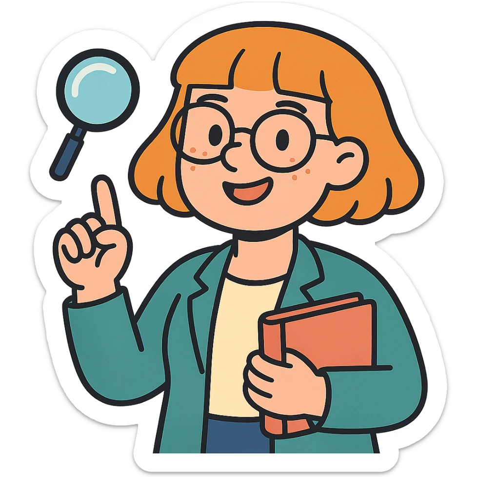 female researcher and author, light skin, strawberry blonde page haircut, round face, freckles, smiling, with glasses sticker