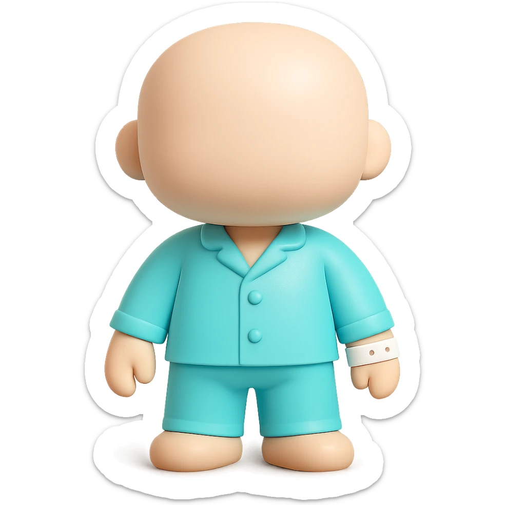 clean minimalist vinyl figure of a faceless adult in #6fe8f3 pajamas and a hospital wristband, professional 3D toy style, suitable for a Discord role icon sticker