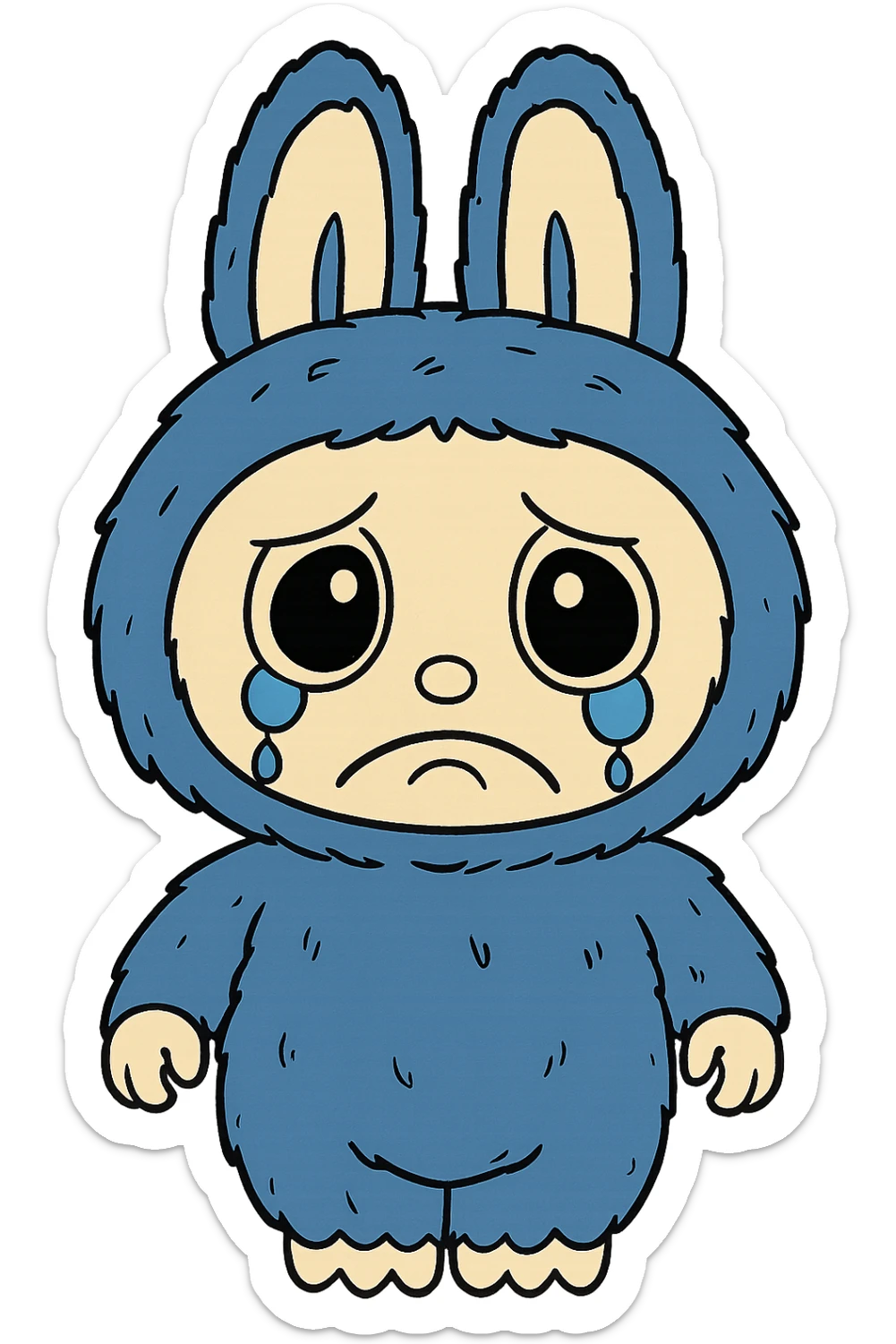 Change only the facial expression of the blue bunny character to a sad, teary-eyed look. Keep the character, pose, and all colors exactly the same as the original. Do not change any other details. Transparent background. sticker
