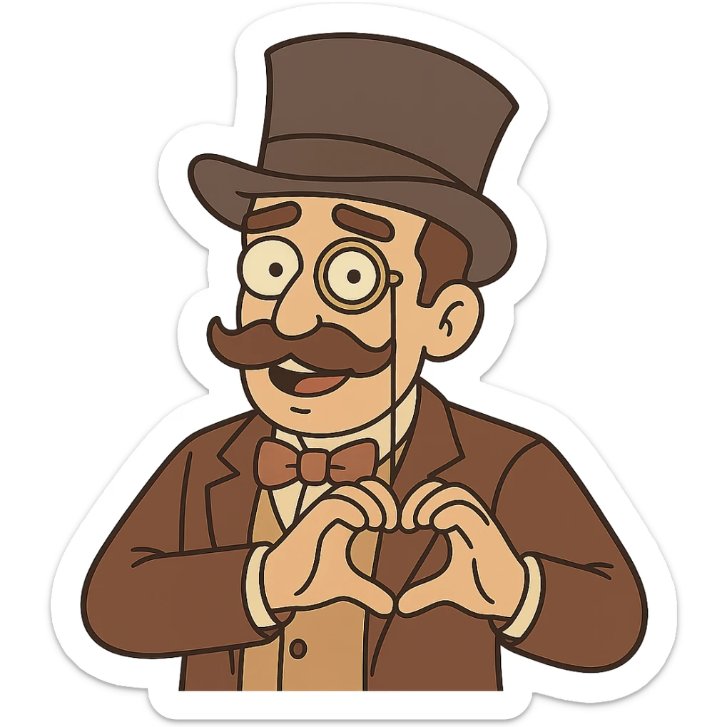 Make the man with mustache, top hat, and monocle show a heart, in flat toon style, with no background. sticker