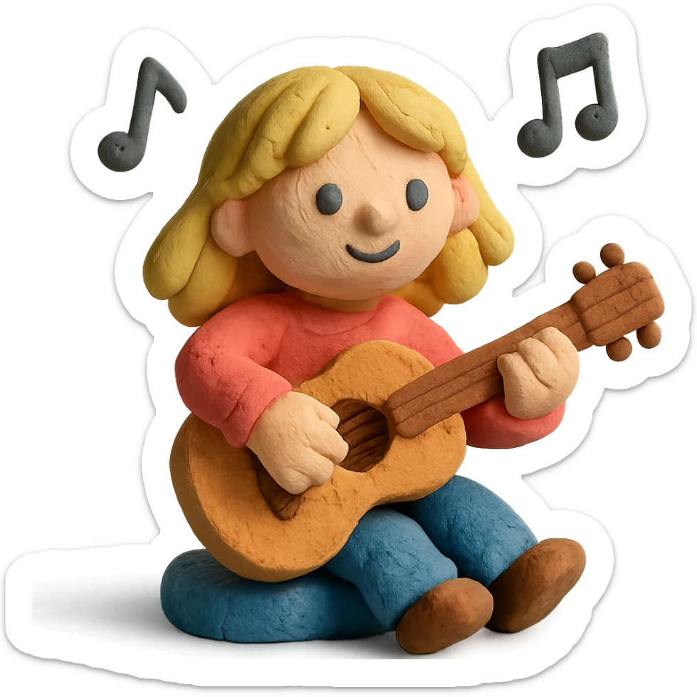 claymation style of a blonde girl playing guitar with music notes floating sticker