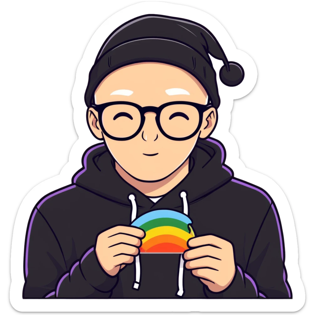 bald white guy with glasses, wearing a black beanie, black hoodie, tasting the rainbow sticker