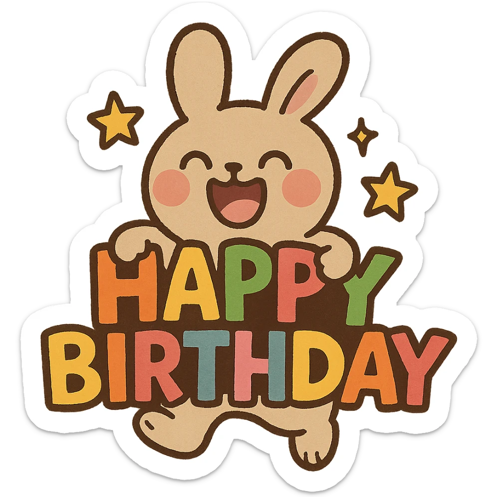 laughing bunny hugging 'Happy Birthday' letters with stars, full body, sticker style sticker