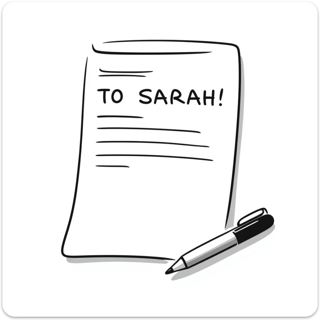 a paper letter with "TO SARAH" text written at the top of the letter, with a pen lying next to it sticker