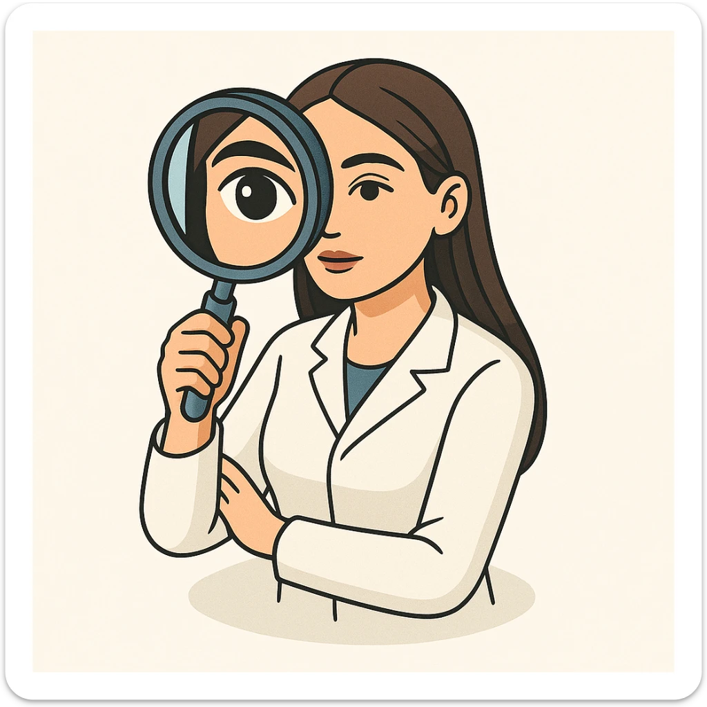 Edit the image of a female doctor with dark long straight hair and detailed brown eyes (not just dots). She wears a white coat. The style is 2D isometric with a minimalist background. She looks straight at the camera through a magnifying glass, with one eye enlarged and distorted like a fisheye lens. sticker