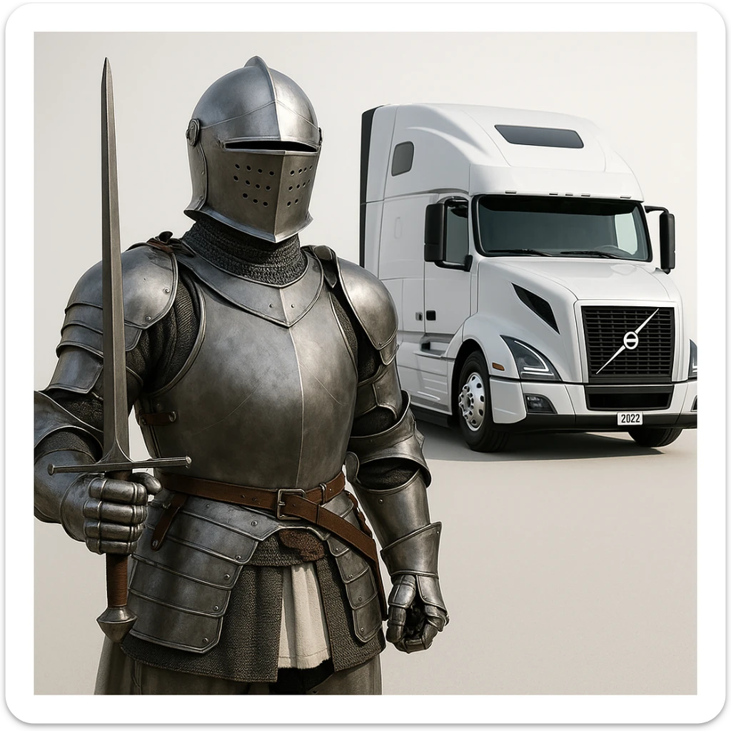 a knight in armor, with a white 2022 Volvo semi sleeper truck in the background, modern, heroic, clean background sticker