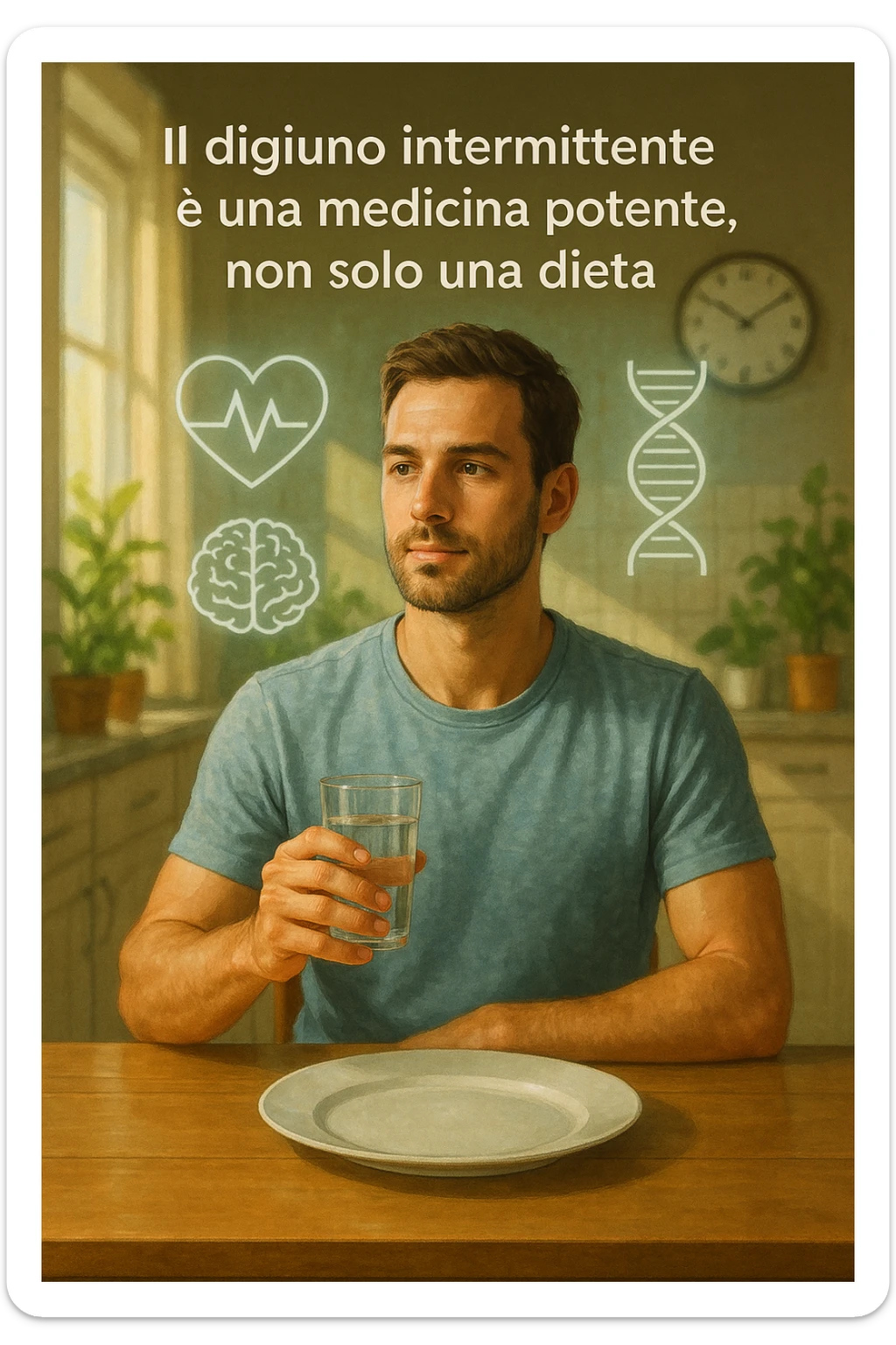 A realistic, cinematic illustration of a healthy, calm man in his early 30s sitting in a bright kitchen in the morning, with an empty plate in front of him and a glass of water in his hand, looking serene and focused. Behind him, the background shows subtle symbols of health: green plants, sunlight streaming in, and a blurred wall clock showing 10:00, symbolizing the fasting window. Above the man, a translucent overlay of medical icons (heart, brain, DNA strand) glows softly, illustrating that intermittent fasting acts as a powerful medicine, not merely a diet. The color palette is fresh and natural, emphasizing health, clarity, and focus. The style is realistic with slight cinematic tones, conveying that the man is using intermittent fasting as a tool for cellular regeneration, inflammation reduction, and health optimization rather than weight loss in italiano sticker