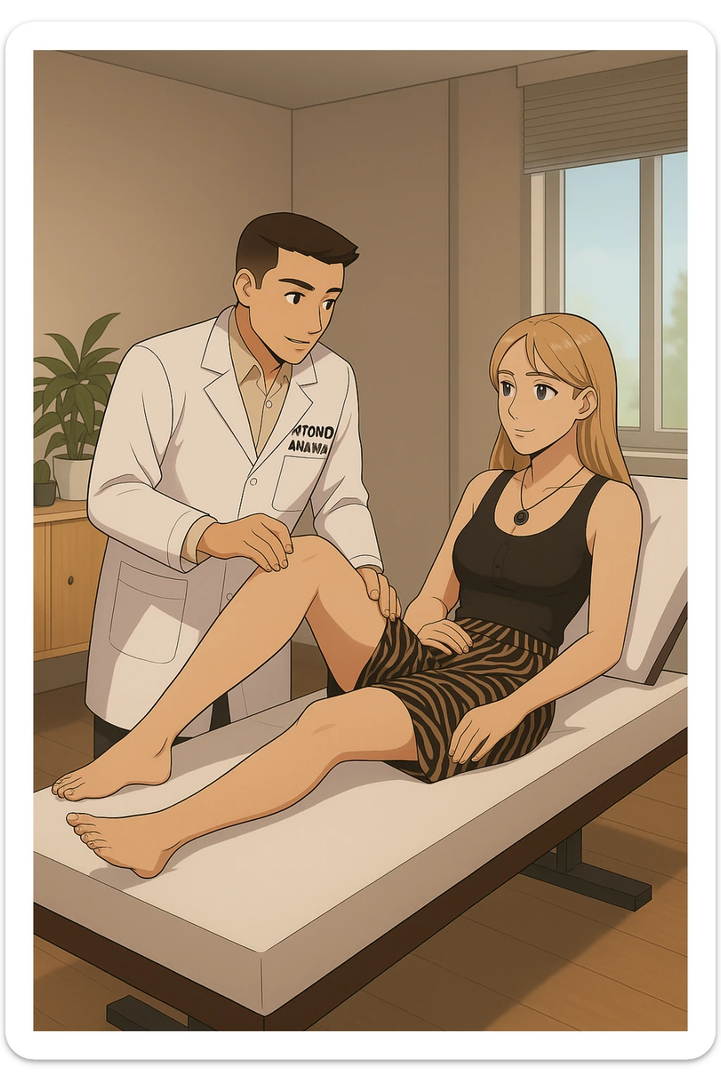 fai un webtoon/manga a colori con questo kinesiologo in camice bianco (fagli la scritta "ANTONIO ANANIA" SUL CAMICE) CHE SVOLGE UN TEST NEUROMUSCOLARE SOLLEVANDO UNA GAMBA ALLA RAGAZZA CHE è STESA SU UN LETTINO BIANCO. STANZA SEMPLICE E MODERNA, DURANTE IL TEST I DUE DIALOGANO TRA LORO. NON FARE I FUMETTI, FAI SOLO LORO COME SE DIALOGASSERO sticker