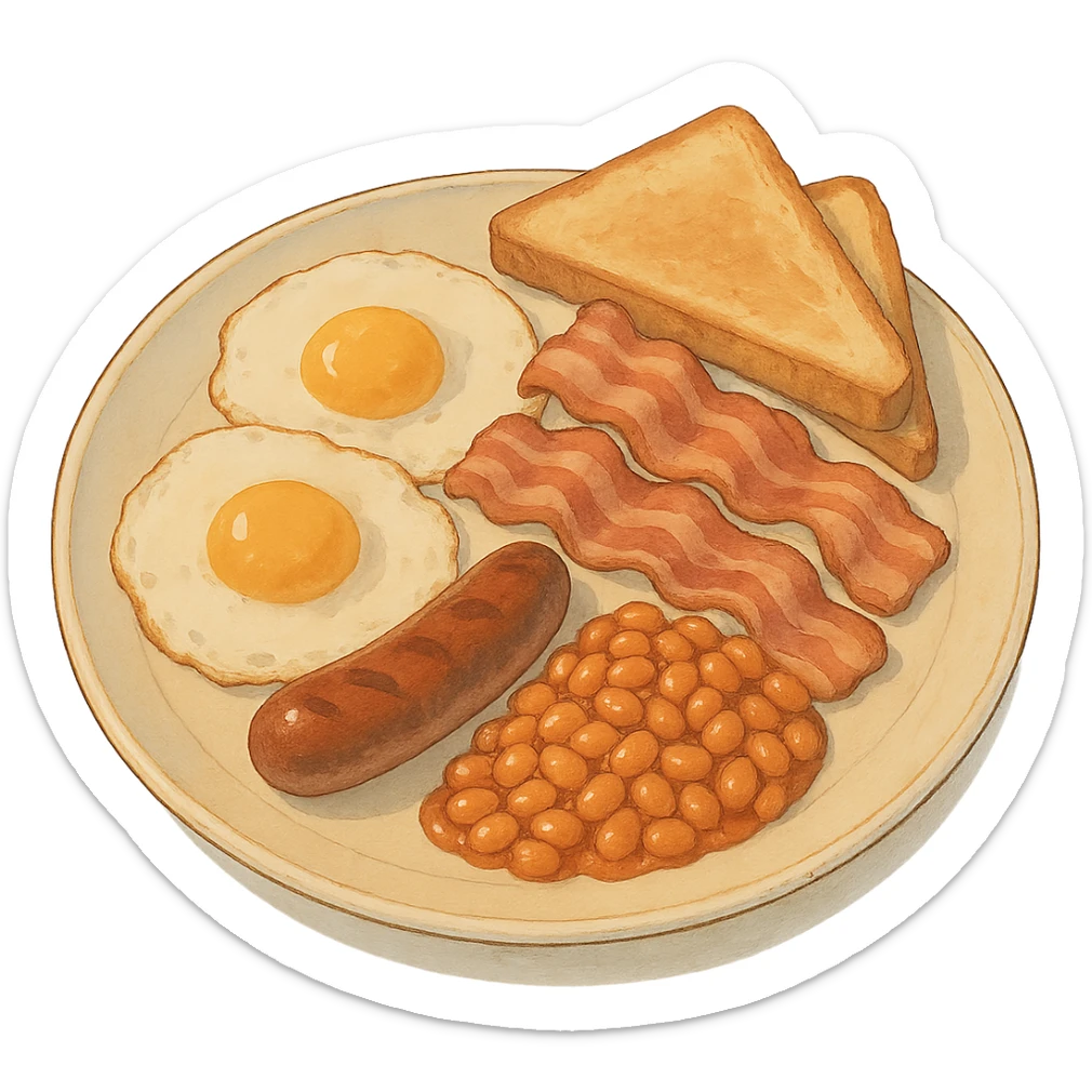 a plate of English breakfast with eggs, bacon, sausage, beans, and toast sticker