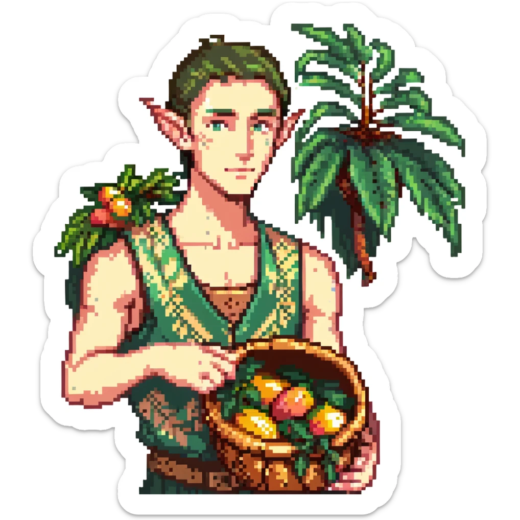 elf male Sleeveless vest with palm-leaf print, basket of exotic fruits (mango/lychee), sunburned nose. sticker