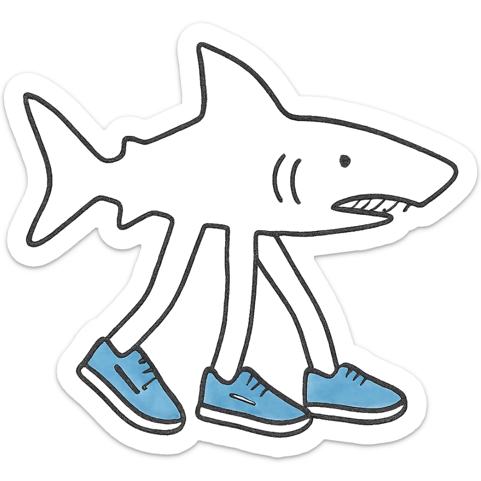 Haz que las zapatillas sean azules, mantén el estilo icono minimalista, fondo transparente, el tiburón sigue con tres patas y el logo Nike blanco en las zapatillas. sticker