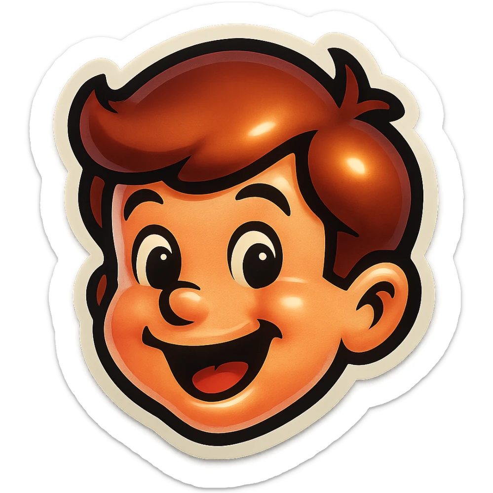 Edit the boy's face to have a happy, open-mouthed smile, maintaining the original cartoon style and quality of the retro stickers style. sticker
