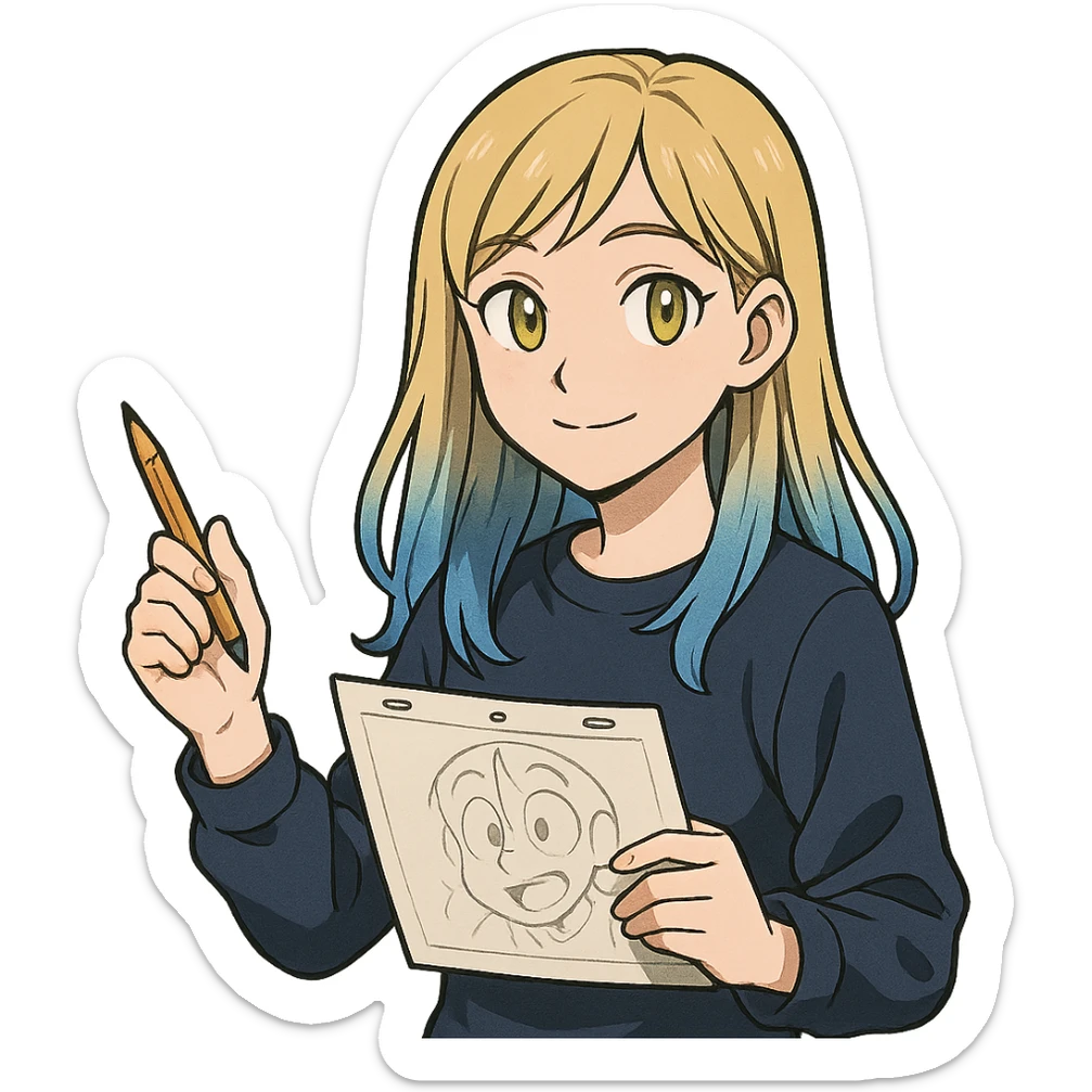 a girl animator, medium long blond hair with blue ends, yellow eyes, dark blue clothes, holding a pencil and animation paper sticker