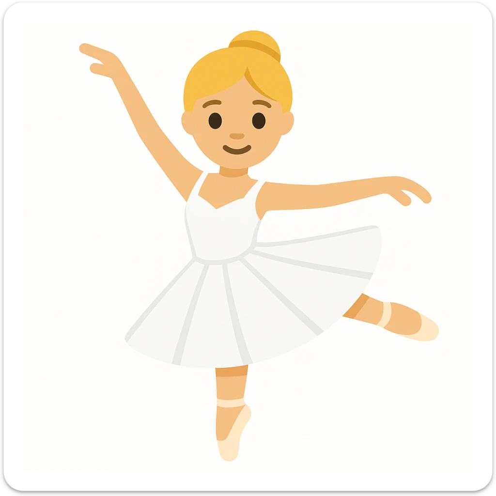 Create a new blonde female ballet dancer in a white dress, similar style and pose to the reference image, in emoji style. The style should mimic the look of apple style emojis with simple and concise features. sticker