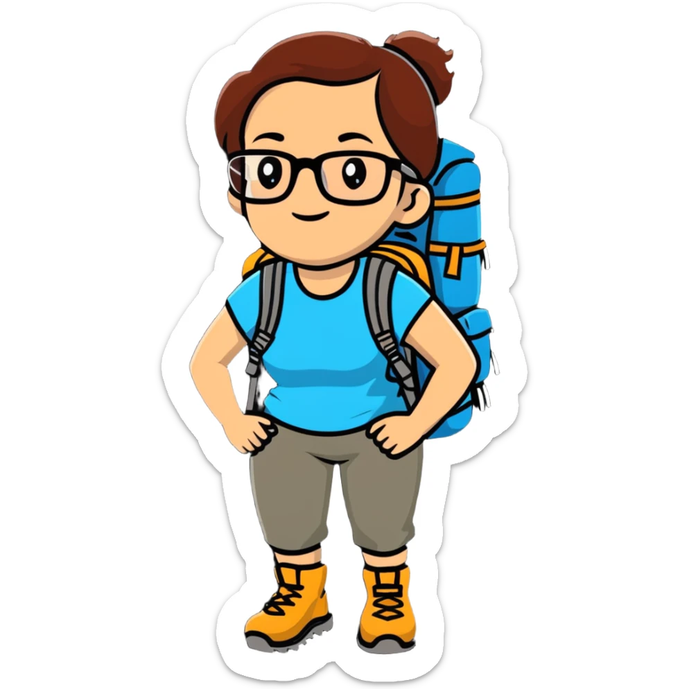 Woman in her late 30s with glasses wearing sporty outfit, hiking boots, and backpack looking happy and curious sticker