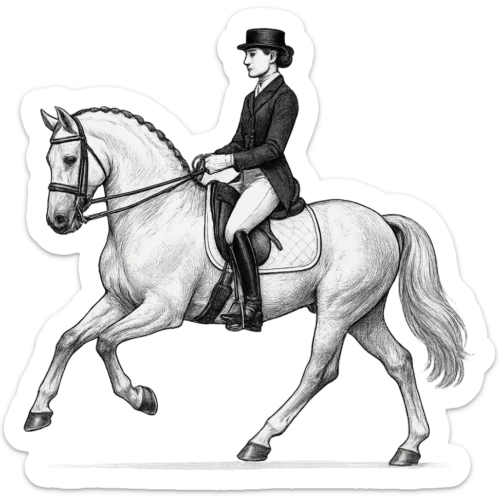 a dressage rider on a white dressage horse, elegant equestrian scene, detailed, graceful posture, horse in collected trot, rider in formal attire, no background sticker