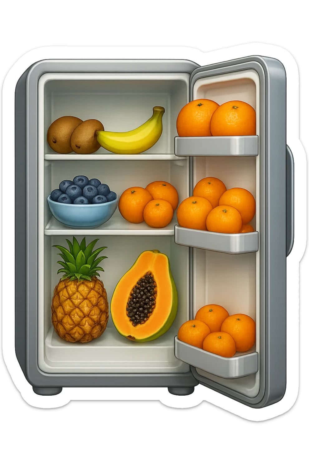 emoji stile iphone di un frigo aperto con dentro ben visibili questi alimenti: Kiwi
Banana acerba
Arance e mandarini
Mirtilli
Ananas
Papaya
IPERREALISTICO 4K sticker