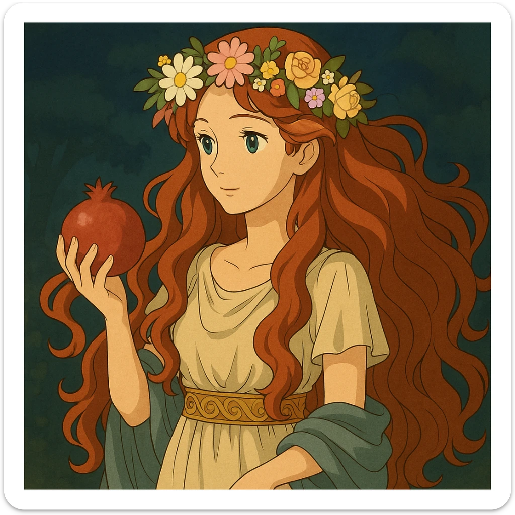 Add a crown of flowers to Persephone's head, keeping the Ghibli style and her flowing red hair, holding a pomegranate. sticker