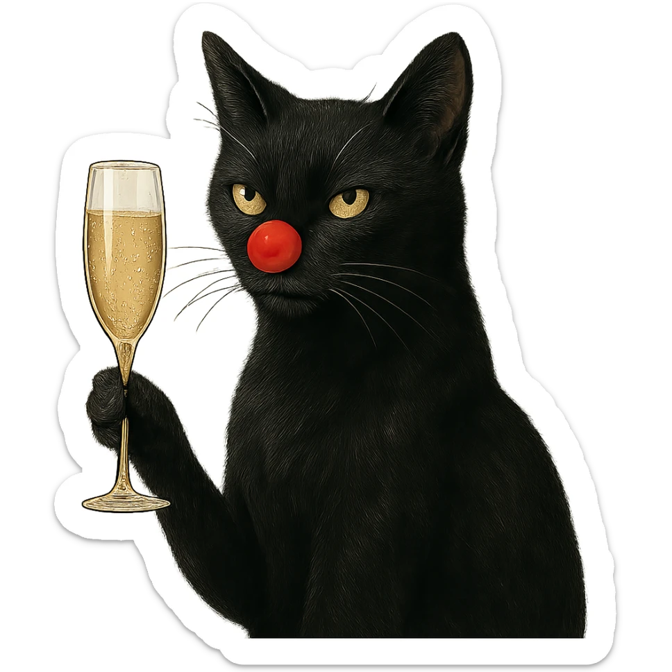 black cat with a red clown nose holding a glass of champagne, elegant and whimsical sticker