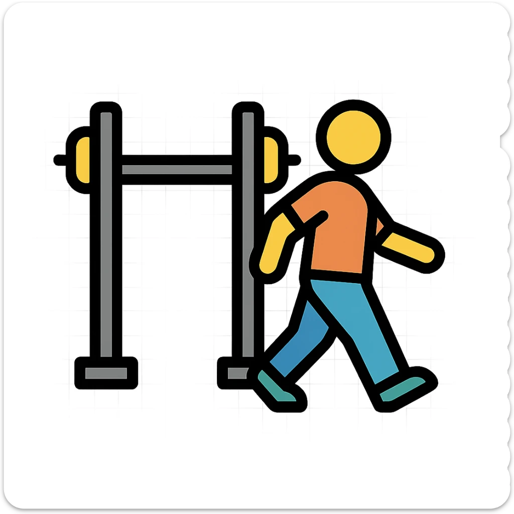 playful bold stylized icon of a person walking away from a squat rack, fitness context sticker