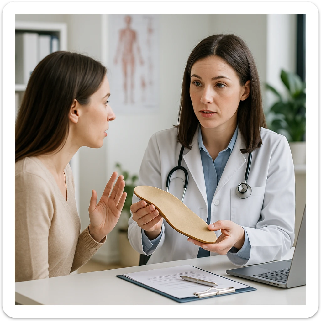 Realistic 4K image of a woman consulting a female orthopedist, showing an orthotic insole and explaining her postural problems, professional medical environment. sticker