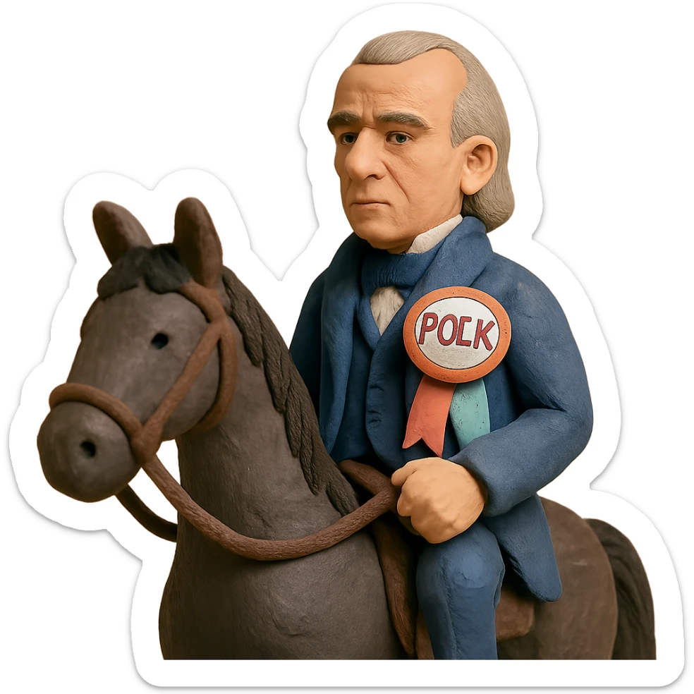 Polk riding a dark horse, campaign ribbon, soft pastel colors, claymation style sticker