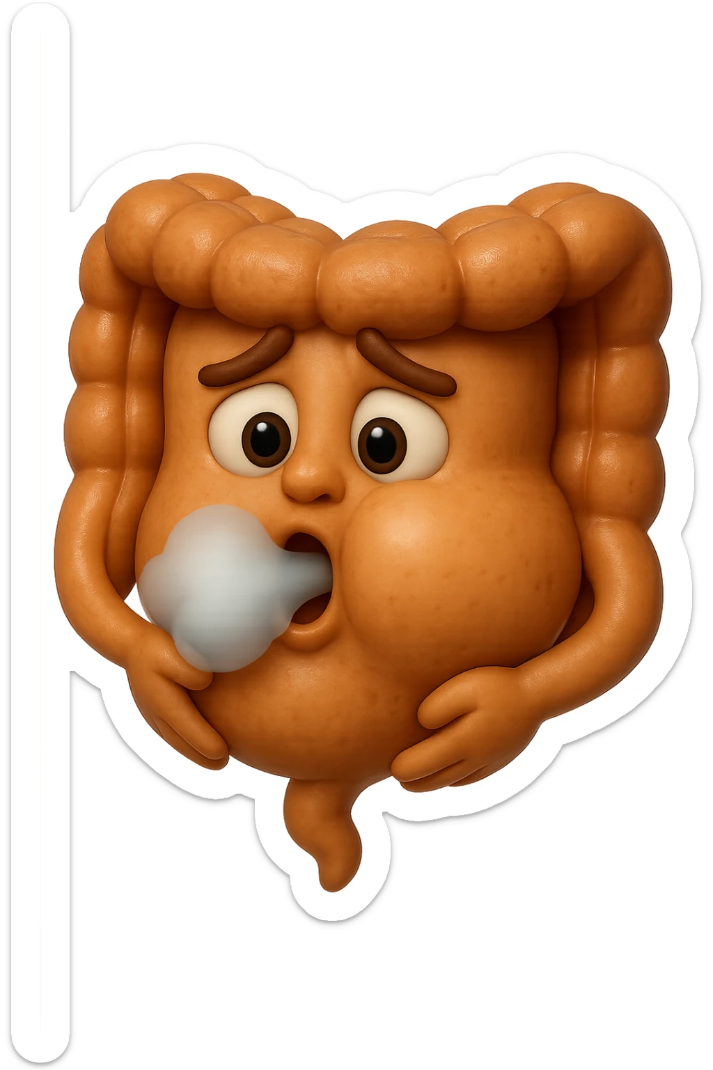 emoji stile iphone di un intestino che ingoia una nuvoletta di aria ben visibile e gli si gonfia la pancia, non fargli il naso, iperrealistico 4k sticker