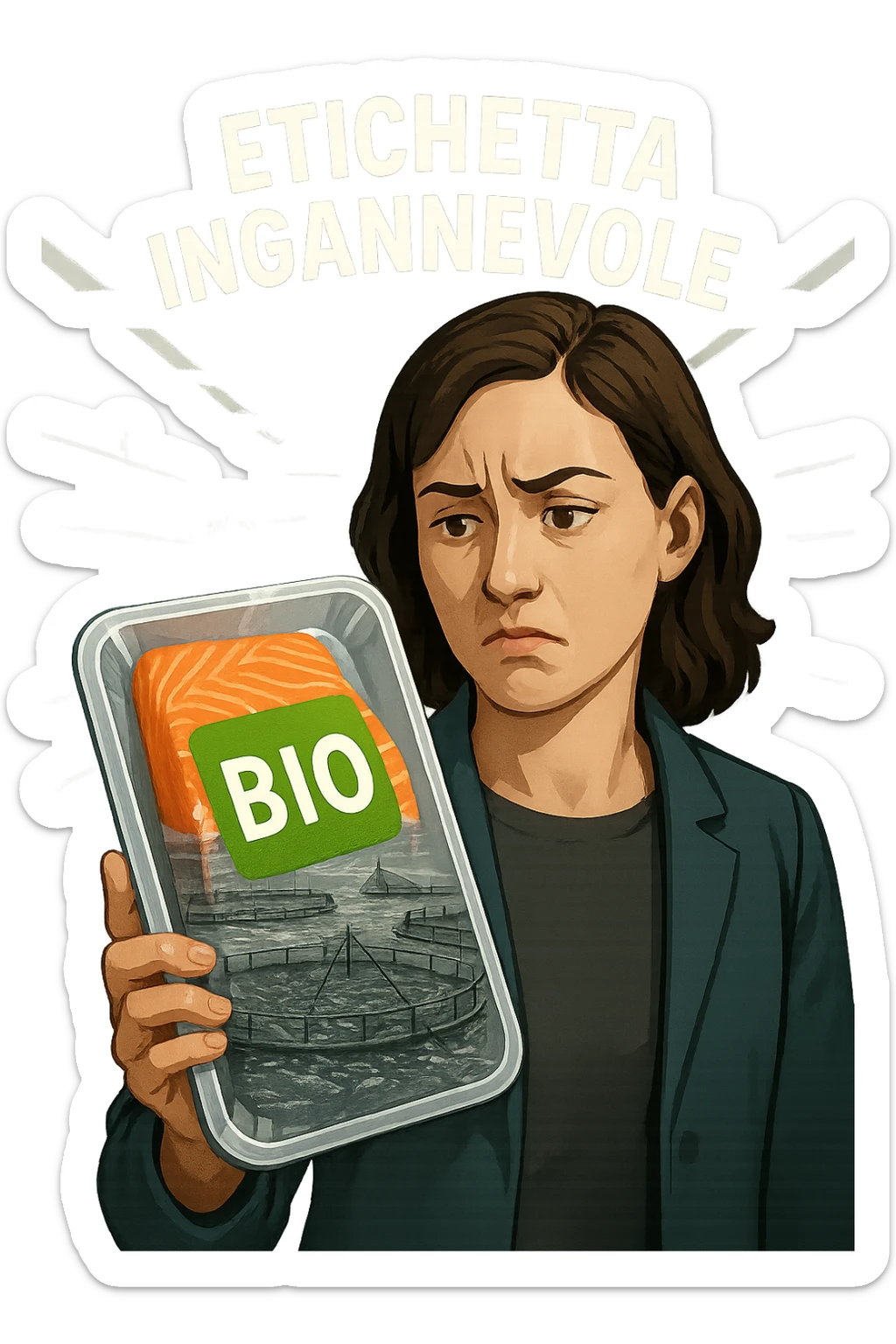 Scena in un supermercato moderno: uomo o donna tiene in mano una confezione di salmone etichettata 'BIO', con un grande bollino verde. Ma in trasparenza, dietro l’etichetta, si intravede un allevamento intensivo di salmoni in gabbie marine, acqua torbida e pesci ammassati. Espressione del cliente confusa e sospettosa. Sopra la testa, testo simbolico fluttuante: 'Etichetta ingannevole'. Colori contrastanti: confezione brillante ma realtà di fondo grigia e artificiale. Stile realistico con elementi simbolici forti realistico sticker