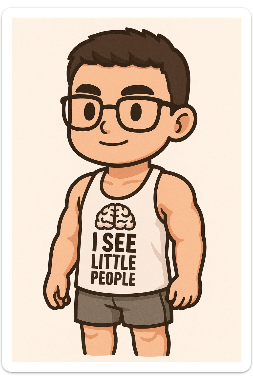 Full body illustration of a young, strong man with short dark hair, wearing glasses and a white gym tank top. Style is cute, cartoon, and simplified with bold black lines and soft colors, matching the chibi stickers style. sticker
