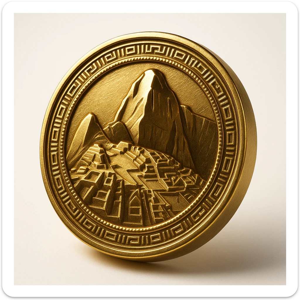 circular logo featuring Machu Picchu, stylized mountain silhouette, gold and green color palette, bold and iconic, suitable for branding sticker
