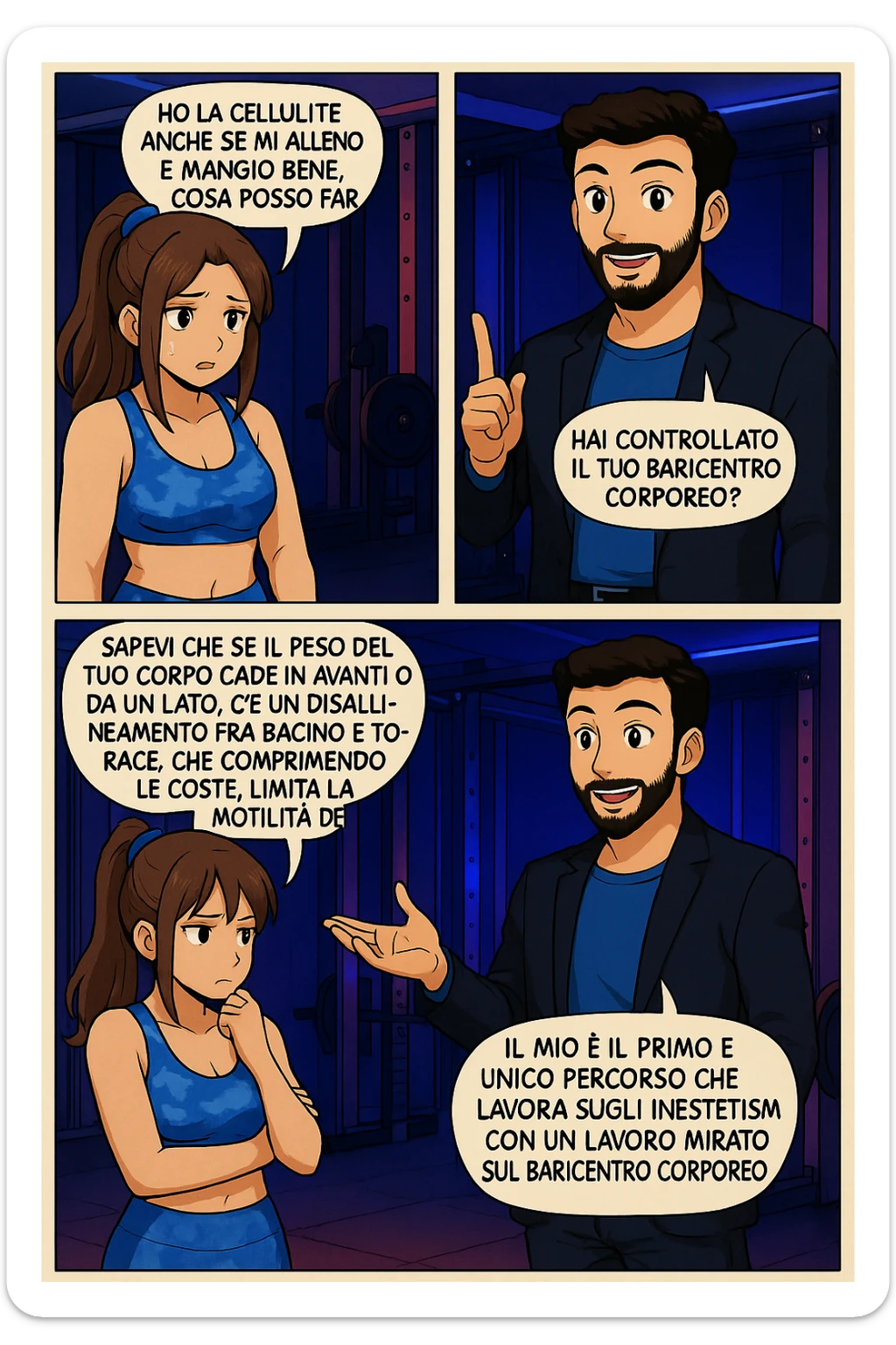PRENDI SPUNTO DA QUESTO STILE FACENDO UN WEBTOON/MANGA:

LEI: Ho la cellulite anche se mi alleno e mangio bene, cosa posso fare?

LUI: Hai controllato il tuo baricentro corporeo?
LUI: Sapevi che se il peso del tuo corpo cade in avanti o da un lato, c’è un disallineamento fra bacino e torace, che comprimendo le coste, limita la motilità del diaframma e l’ossigenazione dei tessuti?
LUI: Il mio è il primo e unico percorso che lavora sugli inestetismi con un lavoro mirato sul baricentro corporeo. sticker