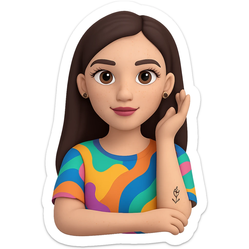 Change the skin to white, add freckles on the cheeks and nose, and ensure the hair is straight, keeping the rest the same. The subject is a female Memoji with an oval face, elegant makeup, long dark brown hair, colorful top, and a small visible tattoo on the arm. Maintain the transparent background. sticker