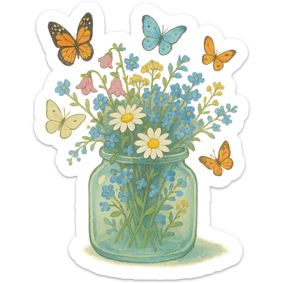 glass jar filled with forest flowers and butterflies, dreamy soft ghibli style sticker