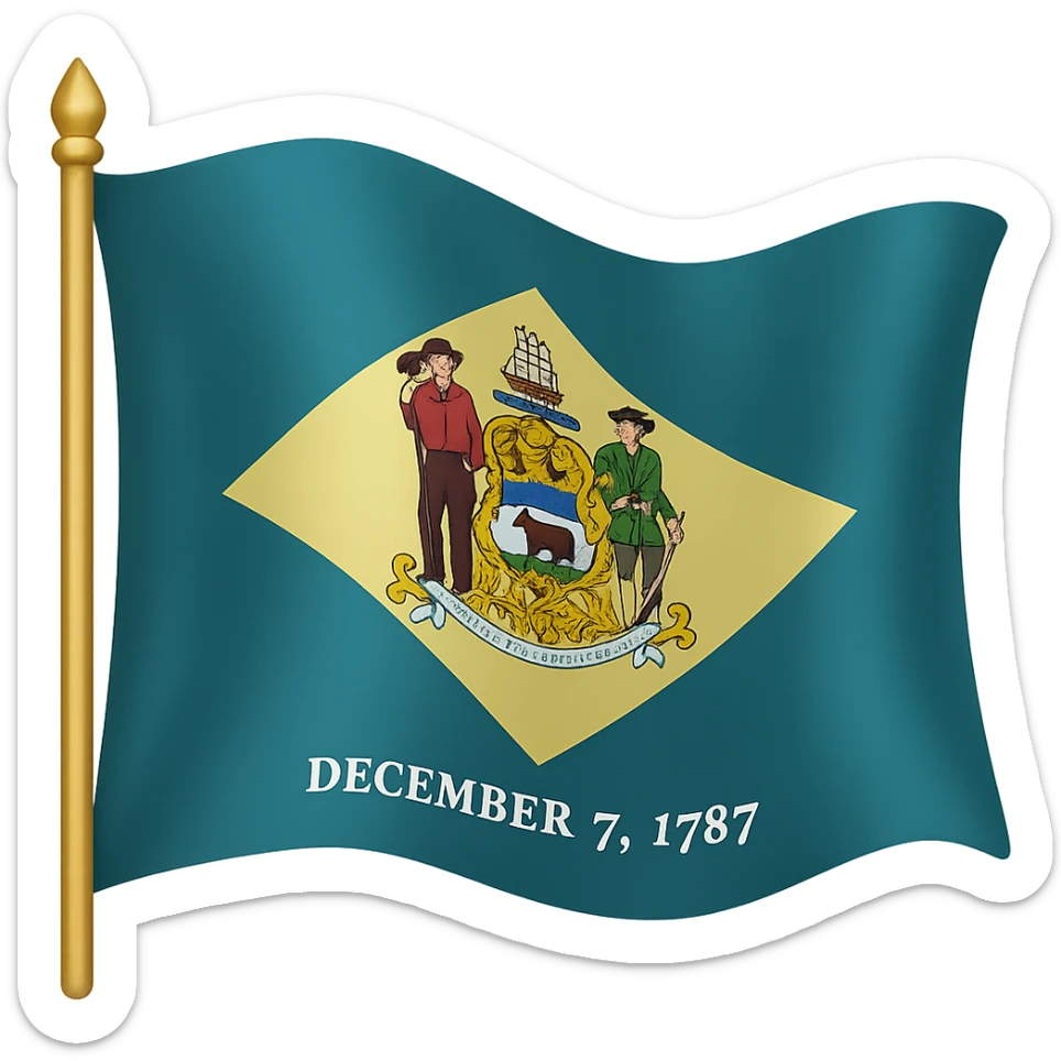 Add a waving flag effect to the Delaware flag with 1787 date and state seal, in the style of emoji (apple style emojis). The flag should have no background. sticker