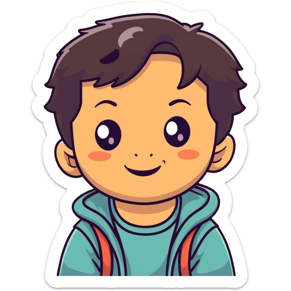 close-up of round smiling toddler boy face only with big eyes, medium skin tone, dark wavy hair, no neck visible, just the face sticker