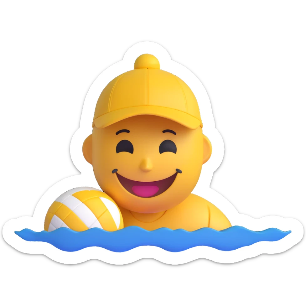 3D smiley emoji, round shape, wearing water polo cap, holding water polo ball, sporty face, transparent background (water polo) sticker