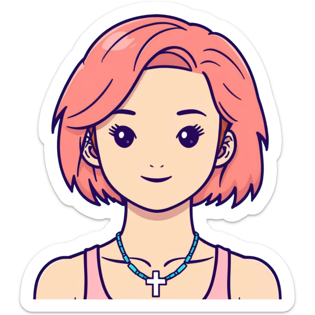 Auburn ginger haired girl with eyelashes wearing a cross necklace and a light coral pink tank top sticker