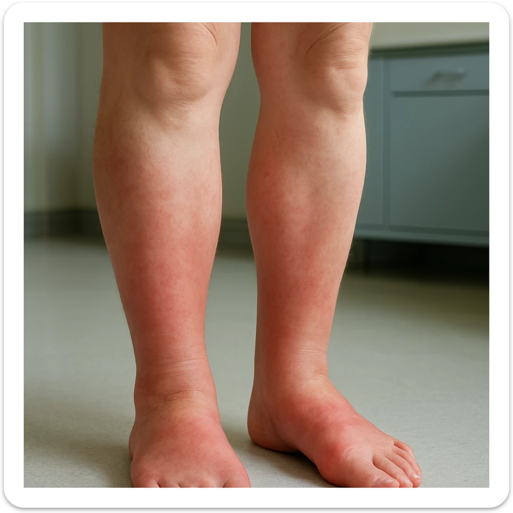 Hyperrealistic human legs in the phase of disinflamation, skin with redness and swelling decreasing, areas gradually transitioning from red to normal, clinical atmosphere, natural light, 4K details. Variant 1, slight improvement. sticker