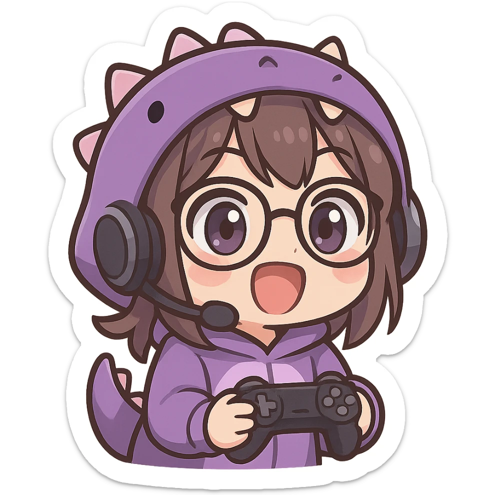 chibi anime style gamer girl with glasses, brown hair, dark purple eyes, wearing a purple dinosaur costume, excited emote, no controller sticker