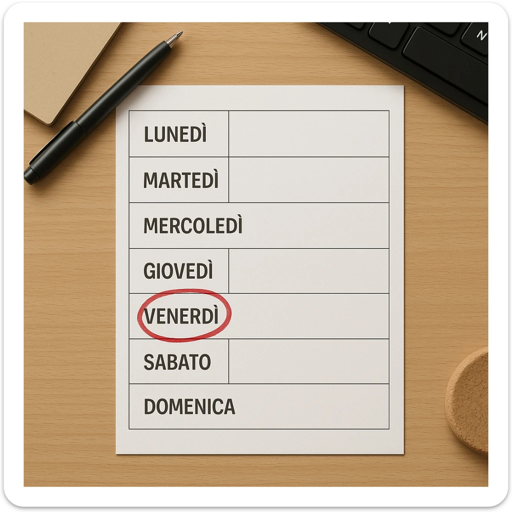 weekly calendar sheet in Italian, days from Monday to Sunday, Friday circled in red, top view, realistic style, 4K details, desk environment sticker