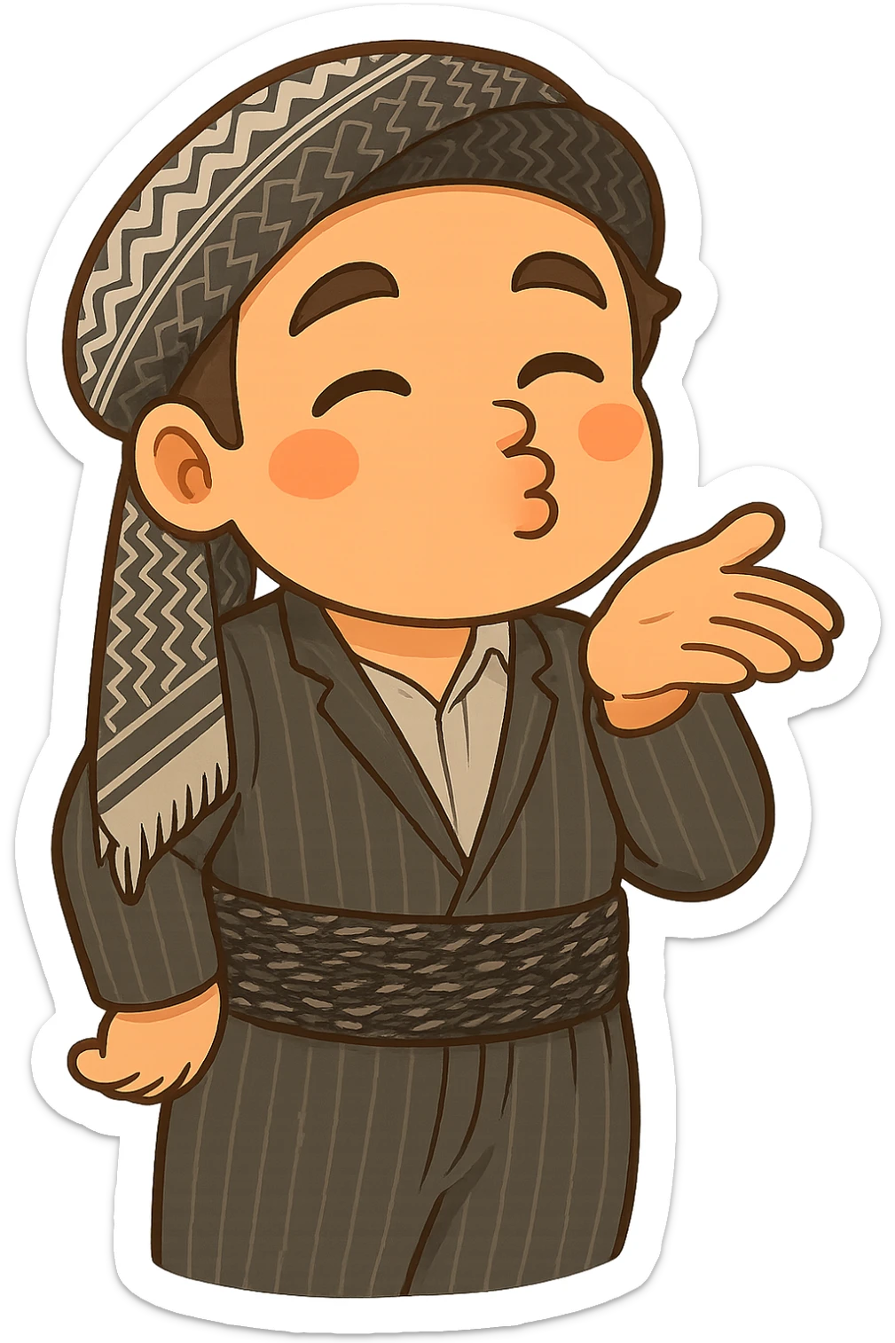 Cartoon sticker of a Kurdish man with the same clothes and scarf as the reference, no changes to clothes or scarf, face sending a kiss (lips puckered, winking or eyes closed), one hand in front of mouth as if blowing a kiss, colorful and cheerful, no shadows or color halos around the image, no text, suitable for WhatsApp and Instagram, fully transparent background. sticker