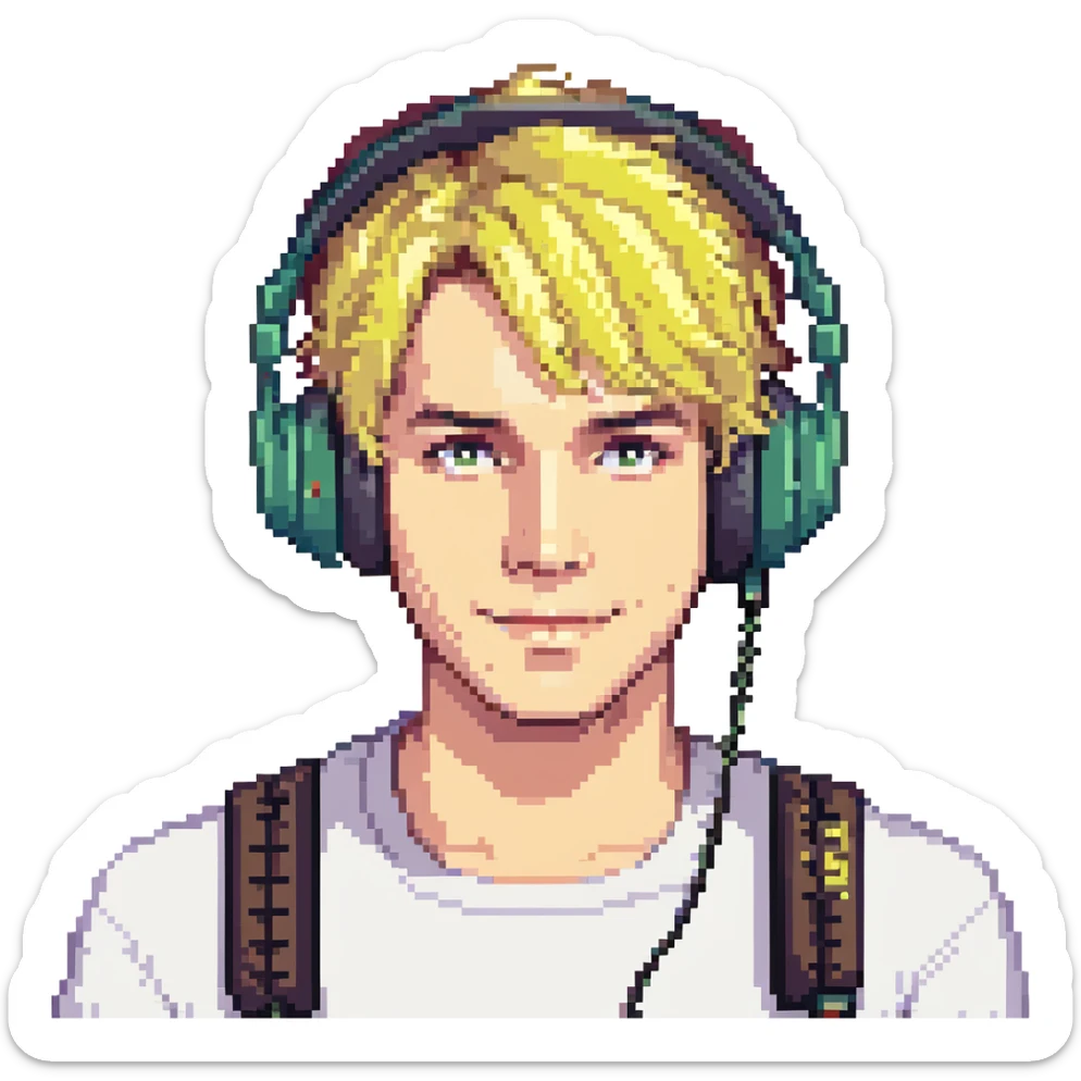 El Rubius portrait, fun style, blonde hair, large headphones, cheerful expression, simple background sticker