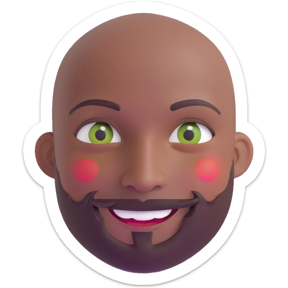 Oxumarê as a smiling 37-year-old bald man with very dark skin (2 shades darker), smooth oval head, indigenous facial features, mustache with circular beard only on chin (no hair on sides), a round mole on the right side below the lip, and a rainbow serpent wrapped around him, Memoji style sticker