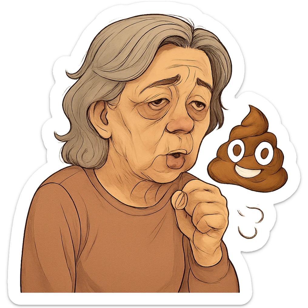 Add a poop emoji next to the 60 year old woman with bags under her eyes who is coughing. Keep the background transparent. The style should match the original image's look and feel. sticker